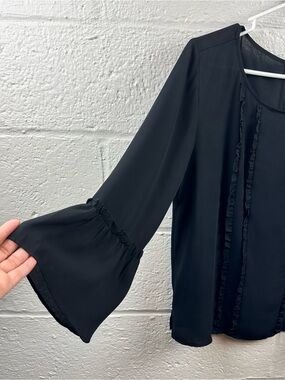 LOFT Black Ruffle Bell Sleeve Blouse Medium Flowy Boxy Top